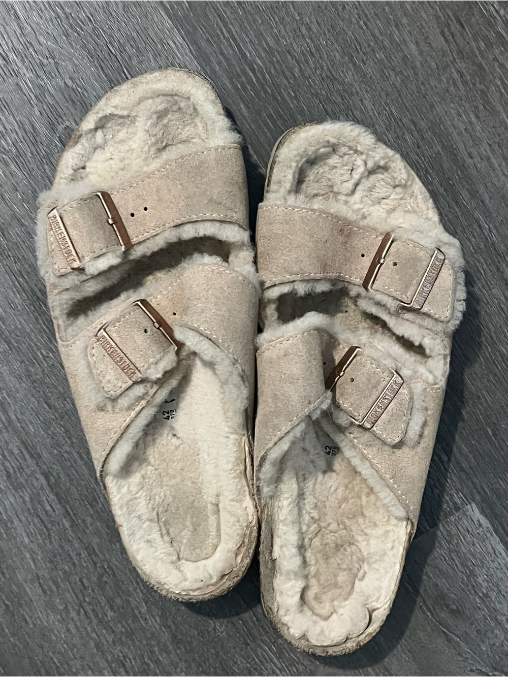 Birkenstock Beige Suede Shearling Two-Strap Sandals